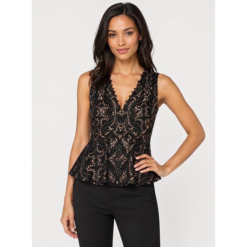 BCBGMaxAzria XXS Black and Cream Lace Fitted Deep V-Neck Peplum Top Retail $228